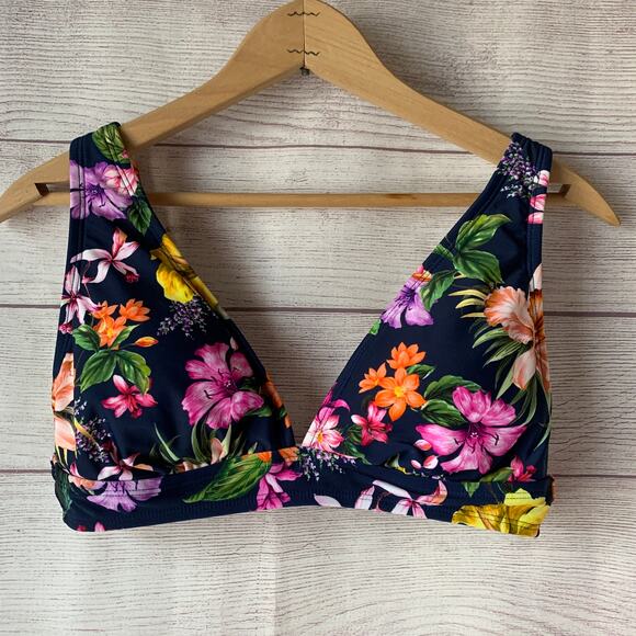Kona Sol Navy Blue and Colorful Floral Bikini Top Adjustable Straps Size Small - Picture 1 of 9